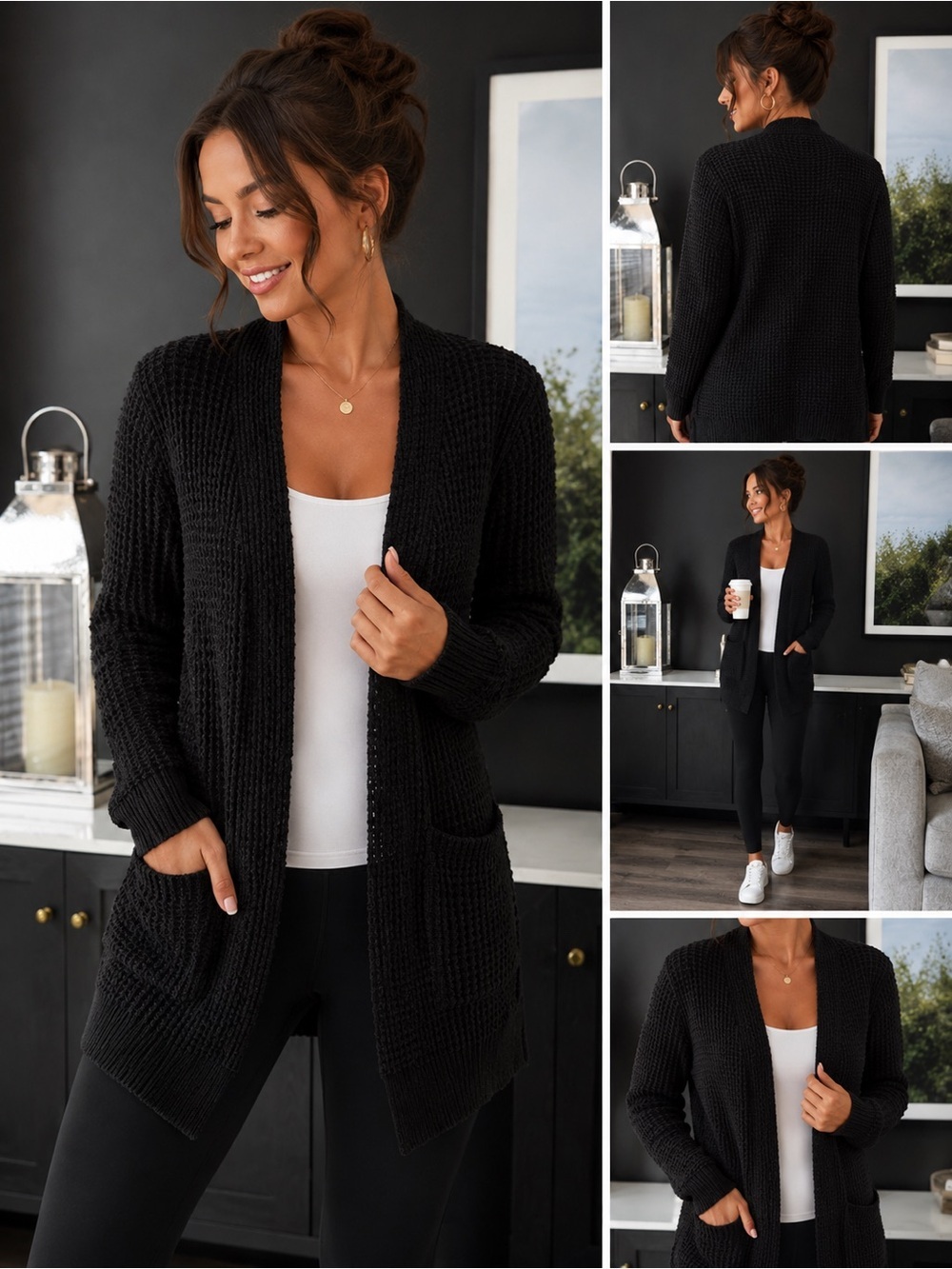 Black Waffle Knit Open Front Cardigan Sweater Size Small